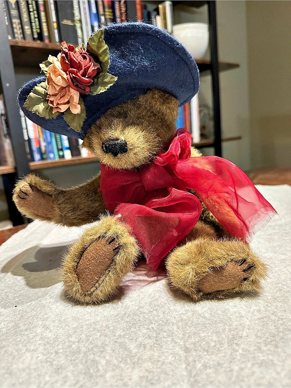 Vintage Boyds Bear Collector’s Series Navy Floral Hat Red Chiffon Scarf 10”